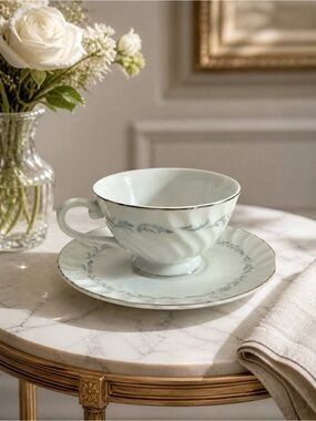 Style House Fine China Carillon Cup Saucer Set White Blue Swirl Japan Vintage